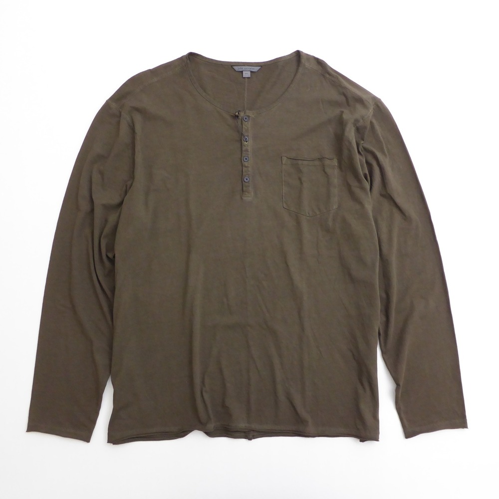 John Varvatos Men Baylor Henley Shirt Olive Green Organic Cotton Long Sleeve 2XL